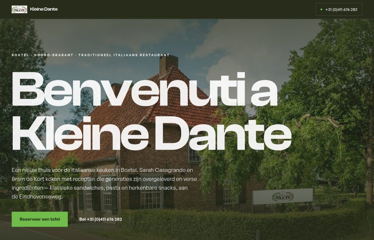 Een demo die Zero Slack bouwde: de homepage van een bestaand bedrijf, opnieuw opgezet met één duidelijke actie, contactgegevens en bewijs boven de vouw.